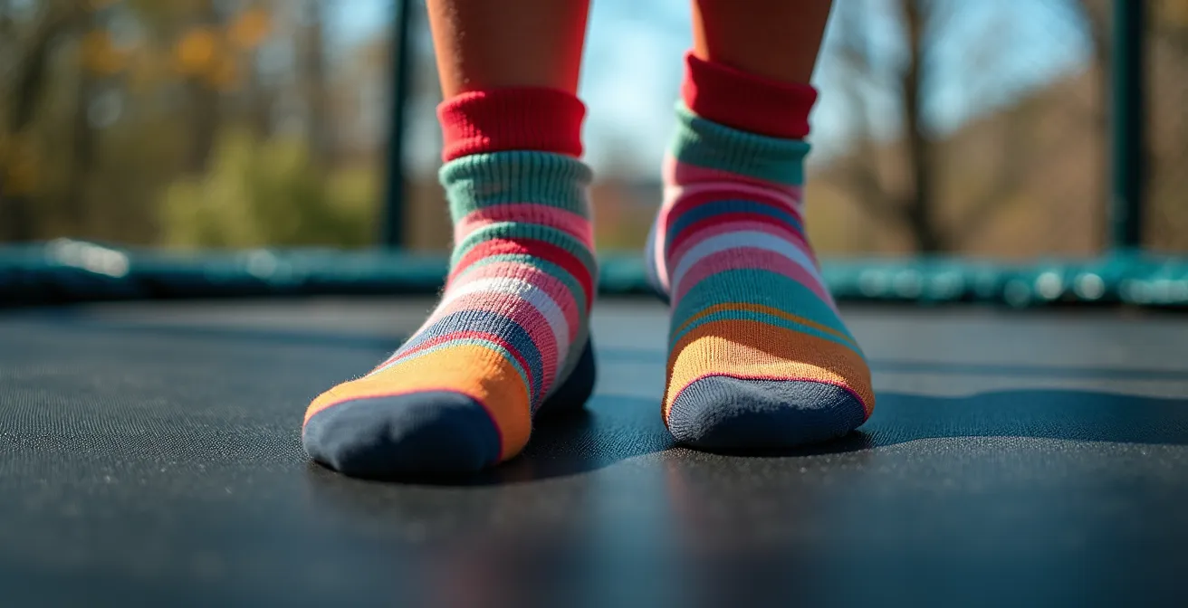 Gros plan sur des pieds d'enfants portant des chaussettes antidérapantes colorées sur surface de trampoline