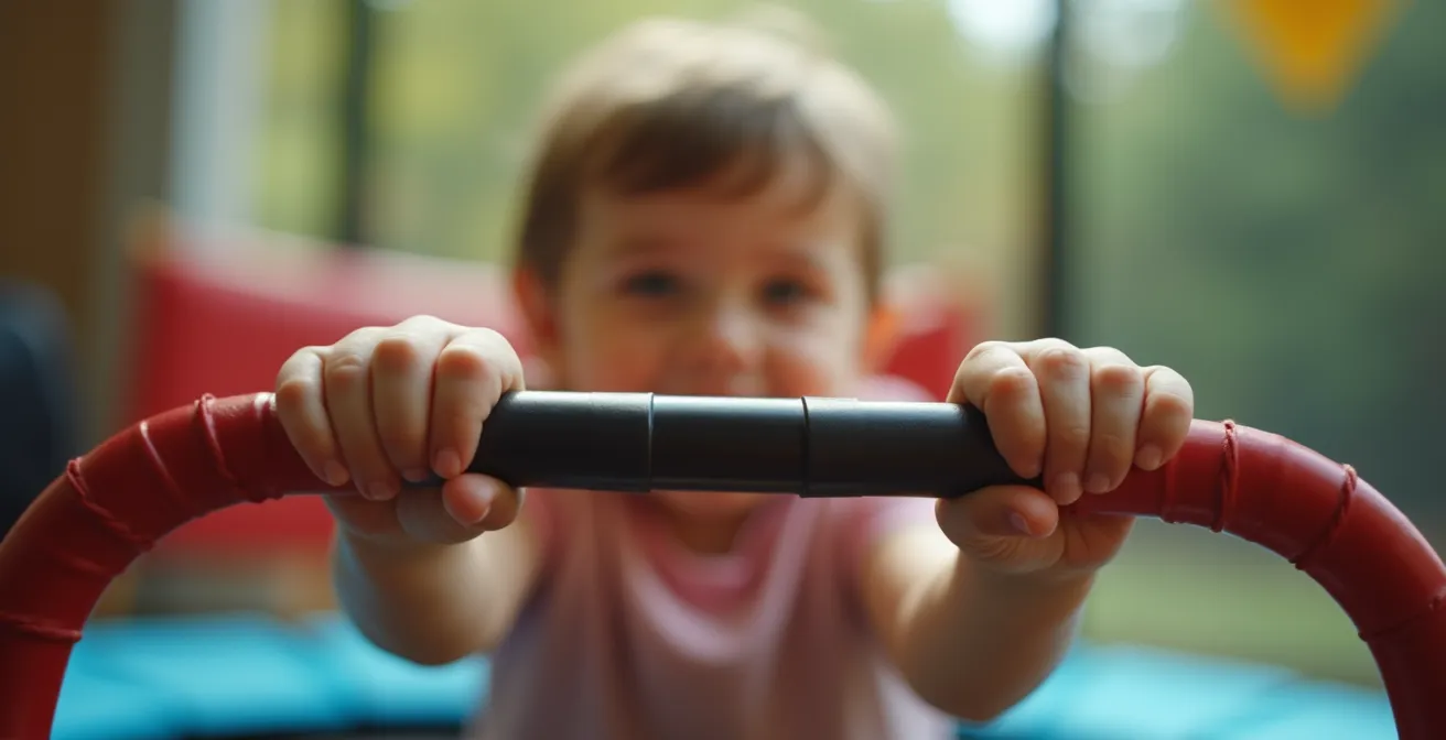 Gros plan sur les mains d'un enfant tenant la barre de sécurité avant son premier saut sur trampoline