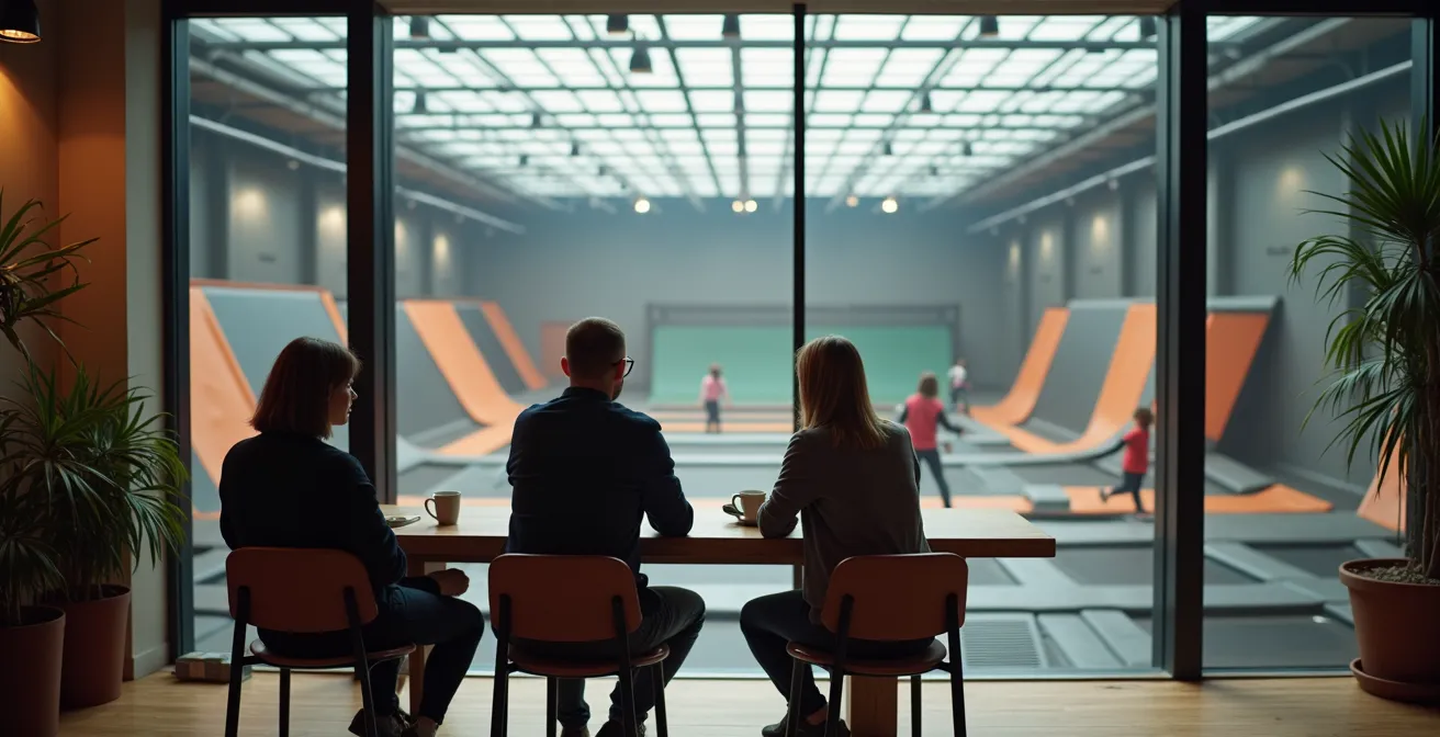Vue panoramique de parents assis dans l'espace cafétéria observant leurs enfants sauter