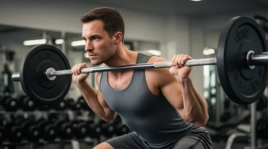Pratiquant exécutant un squat avec barre en salle de musculation, programme structuré