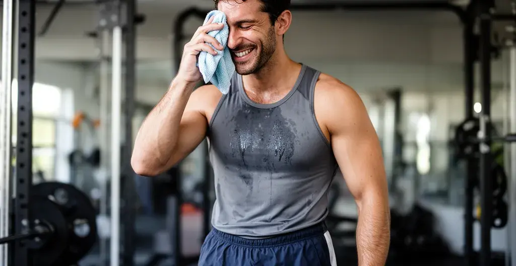 Pratiquant essuyant la sueur après une séance de musculation avec expression satisfaite